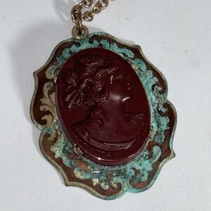 Art Deco Victorian Red Clay Glass Cameo Pendant & Chain 24" Vintage Patina